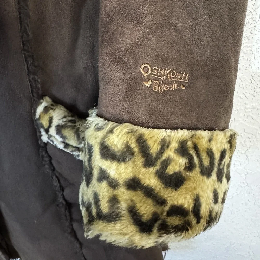 Oshkosh Bgosh Girls Coat 5/6 Faux Fur Leopard‎ Brown Hooded Pockets